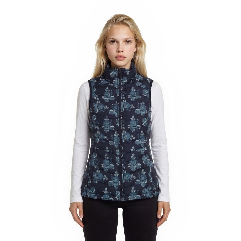 The North Face Down Puffer Vest Women's Size XS Blue Floral Rose Print Insulated